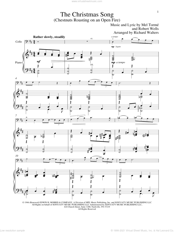 The Christmas Song (Chestnuts Roasting On An Open Fire) sheet music for cello and piano by Mel Torme, Mel Torme and Robert Wells, intermediate skill level