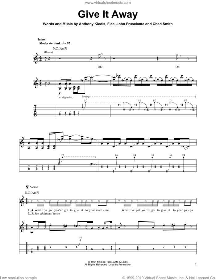 Give It Away sheet music for guitar (tablature, play-along) by Red Hot Chili Peppers, Anthony Kiedis, Chad Smith, Flea and John Frusciante, intermediate skill level