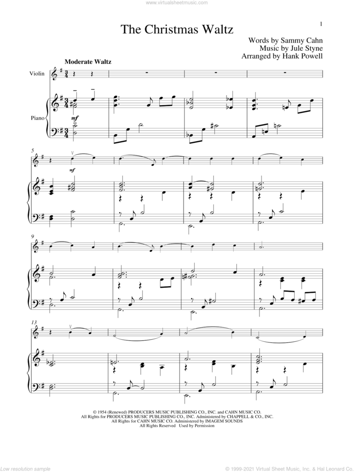 The Christmas Waltz sheet music for violin and piano by Sammy Cahn and Jule Styne, intermediate skill level