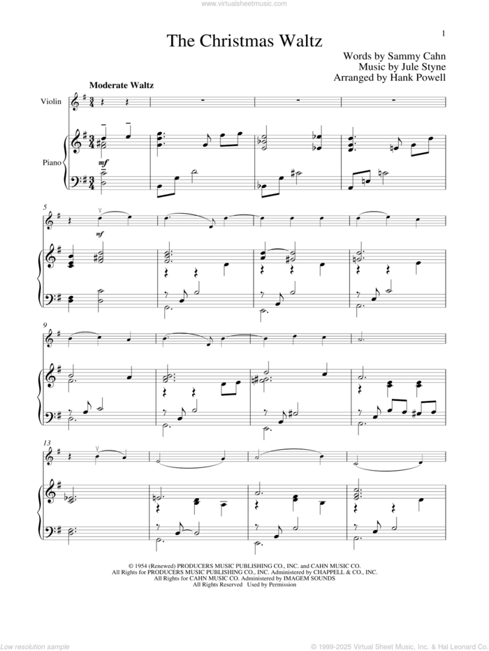 The Christmas Waltz sheet music for violin and piano by Sammy Cahn and Jule Styne, intermediate skill level