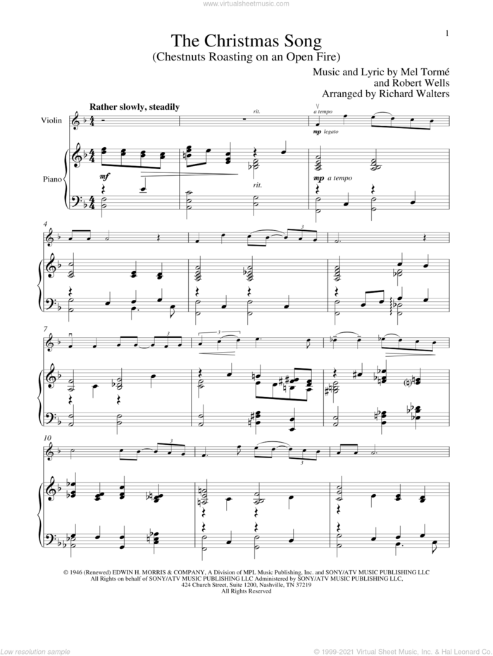 The Christmas Song (Chestnuts Roasting On An Open Fire) sheet music for violin and piano by Mel Torme, Mel Torme and Robert Wells, intermediate skill level