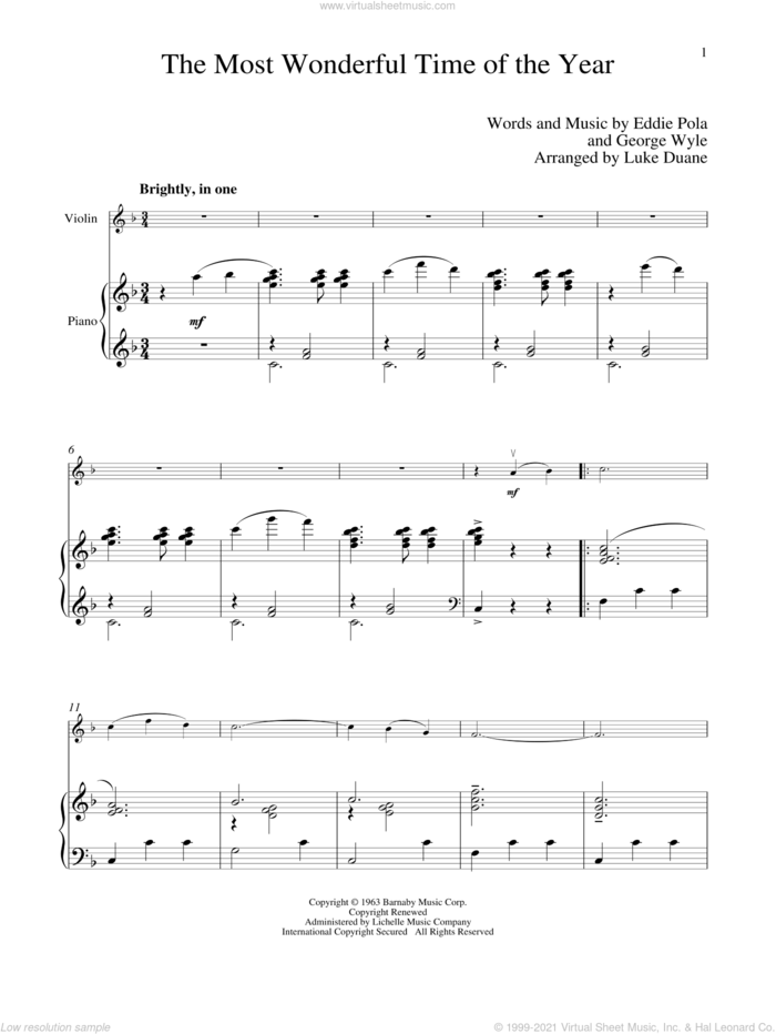 The Most Wonderful Time Of The Year sheet music for violin and piano by George Wyle and Eddie Pola, intermediate skill level