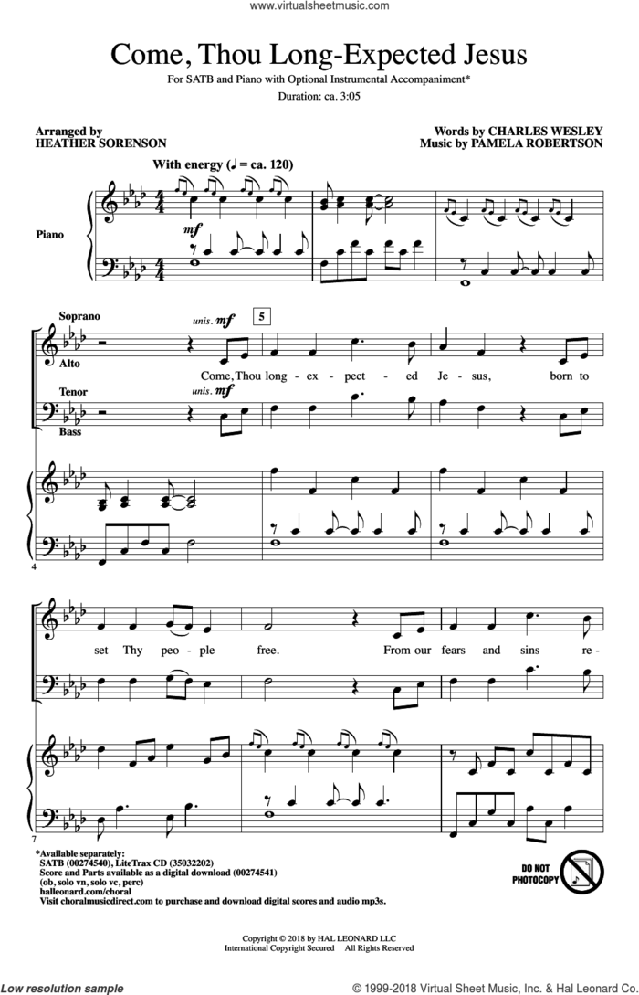 Come, Thou Long-Expected Jesus sheet music for choir (SATB: soprano, alto, tenor, bass) by Charles Wesley, Heather Sorenson and Pamela Robertson, intermediate skill level