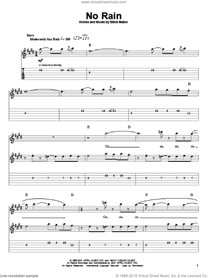 No Rain sheet music for guitar (tablature, play-along) by Blind Melon, intermediate skill level