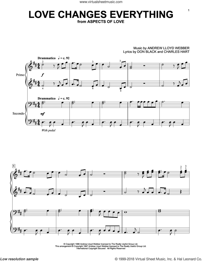 Love Changes Everything (from Aspects Of Love) sheet music for piano four hands by Andrew Lloyd Webber, Charles Hart and Don Black, intermediate skill level