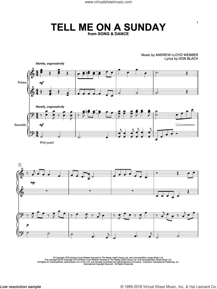 Tell Me On A Sunday sheet music for piano four hands by Andrew Lloyd Webber and Don Black, intermediate skill level
