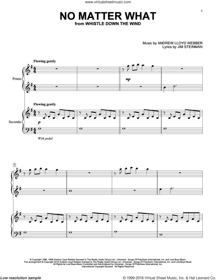 No Matter What sheet music for piano four hands by Andrew Lloyd Webber, Boyzone and Jim Steinman, intermediate skill level