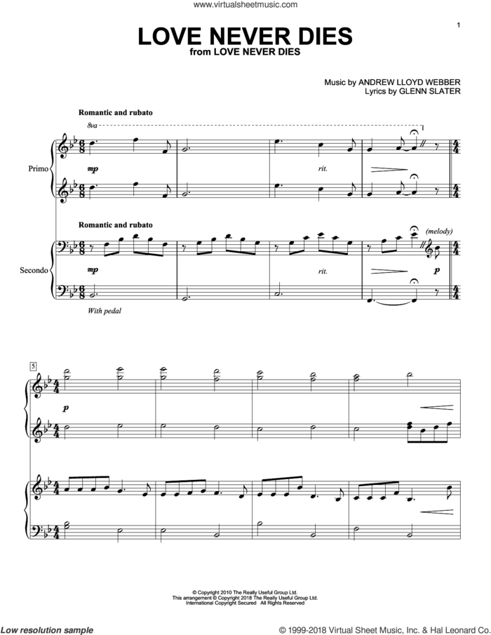 Love Never Dies sheet music for piano four hands by Andrew Lloyd Webber and Glenn Slater, intermediate skill level