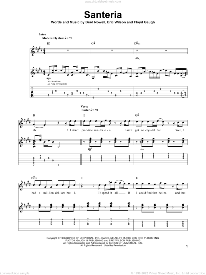 Santeria sheet music for guitar (tablature, play-along) by Sublime, Brad Nowell, Eric Wilson and Floyd Gaugh, intermediate skill level