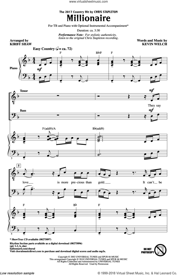 Millionaire sheet music for choir (TB: tenor, bass) by Kirby Shaw, Chris Stapleton and Kevin Welch, intermediate skill level