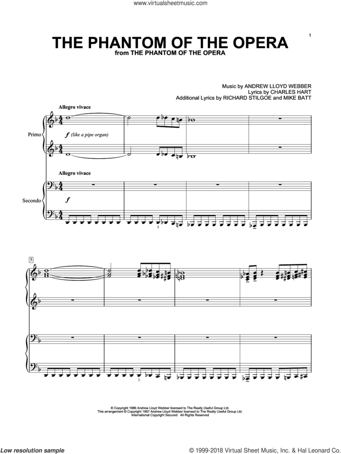 The Phantom Of The Opera sheet music for piano four hands by Andrew Lloyd Webber, Charles Hart, Mike Batt and Richard Stilgoe, intermediate skill level