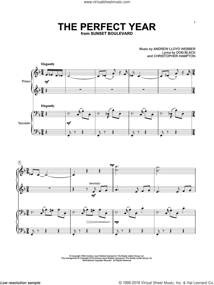 The Perfect Year sheet music for piano four hands by Andrew Lloyd Webber, Christopher Hampton and Don Black, intermediate skill level