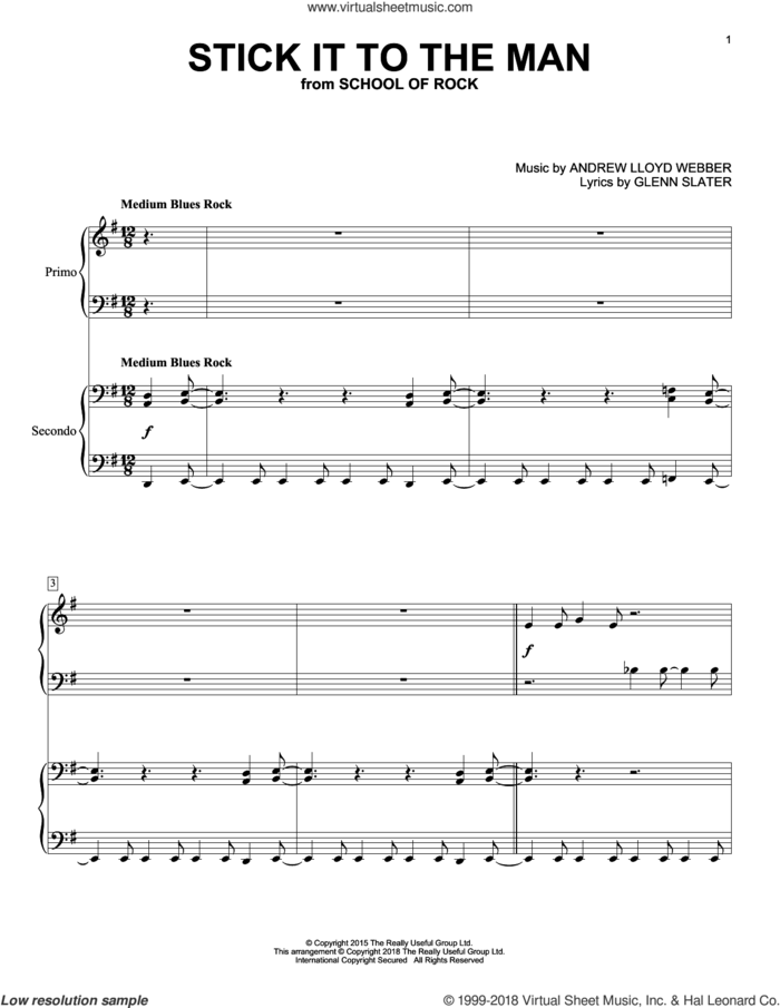 Stick It To The Man (from School of Rock: The Musical) sheet music for piano four hands by Andrew Lloyd Webber and Glenn Slater, intermediate skill level