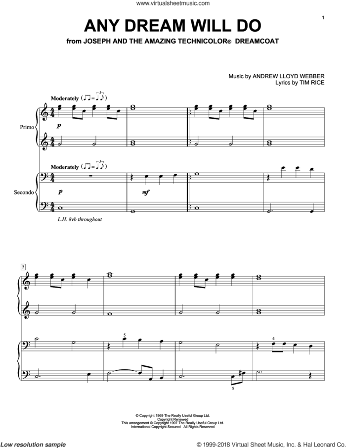 Any Dream Will Do sheet music for piano four hands by Andrew Lloyd Webber and Tim Rice, intermediate skill level