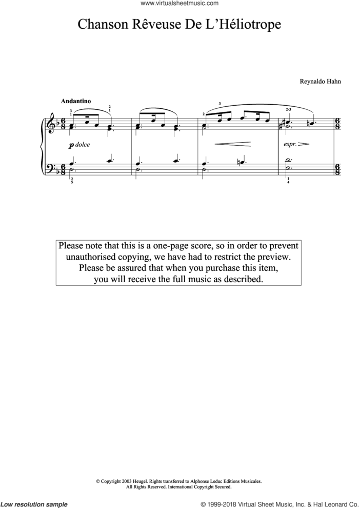 Chanson Reveuse De L'Heliotrope (No. XI From 'Pieces D'Amour') sheet music for piano solo by Reynaldo Hahn, classical score, intermediate skill level