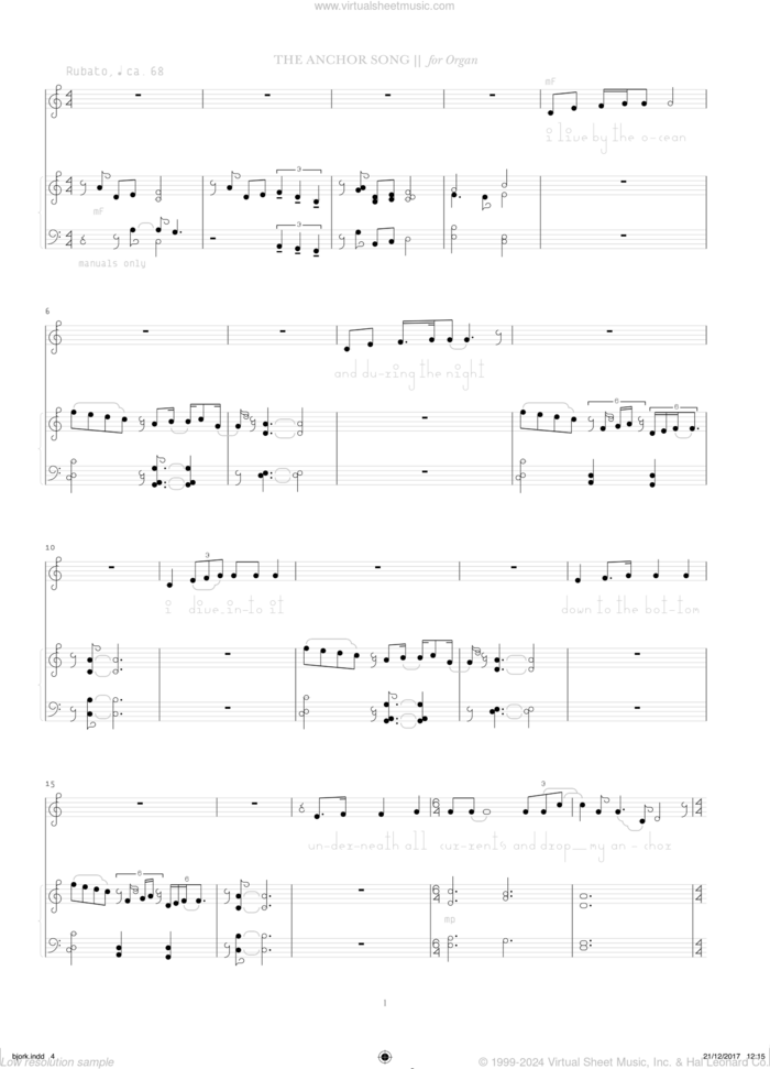 The Anchor Song sheet music for organ by Bjork Gudmundsdottir, intermediate skill level