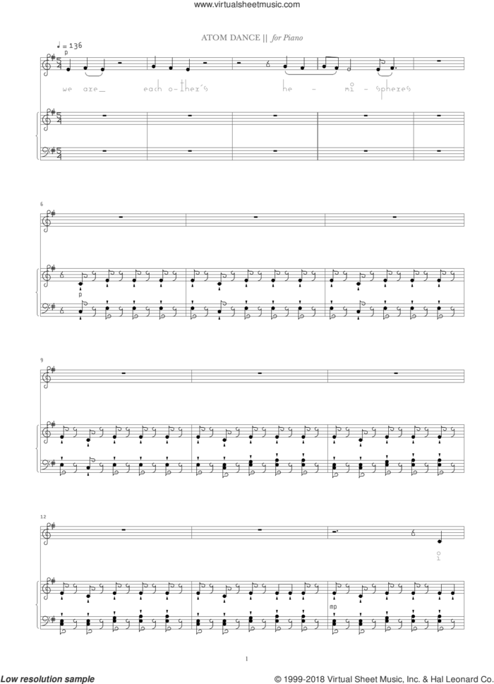 Atom Dance sheet music for voice and piano by Bjork Gudmundsdottir and Oddny Aevarsdottir, intermediate skill level
