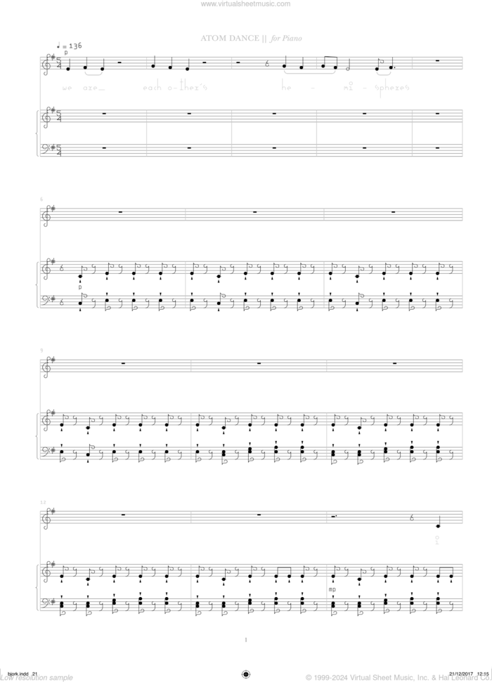 Atom Dance sheet music for voice and piano by Bjork Gudmundsdottir and Oddny Aevarsdottir, intermediate skill level