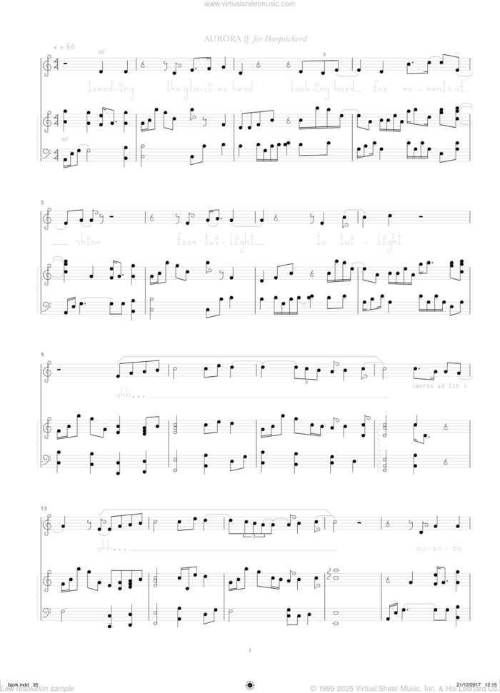 Aurora sheet music for voice, piano or guitar by Bjork Gudmundsdottir, intermediate skill level