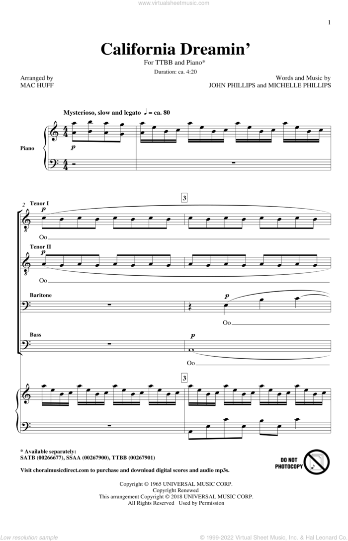 California Dreamin' (arr. Mac Huff) sheet music for choir (TTBB: tenor, bass) by Michelle Phillips, Mac Huff, The Mamas & The Papas and John Phillips, intermediate skill level