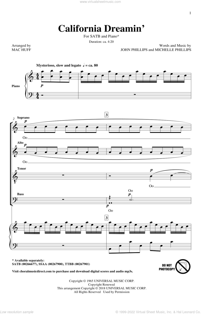 California Dreamin' (arr. Mac Huff) sheet music for choir (SATB: soprano, alto, tenor, bass) by Michelle Phillips, Mac Huff, The Mamas & The Papas and John Phillips, intermediate skill level