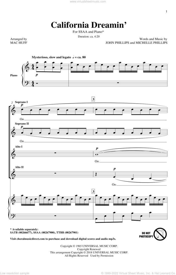 California Dreamin' (arr. Mac Huff) sheet music for choir (SSA: soprano, alto) by Michelle Phillips, Mac Huff, The Mamas & The Papas and John Phillips, intermediate skill level
