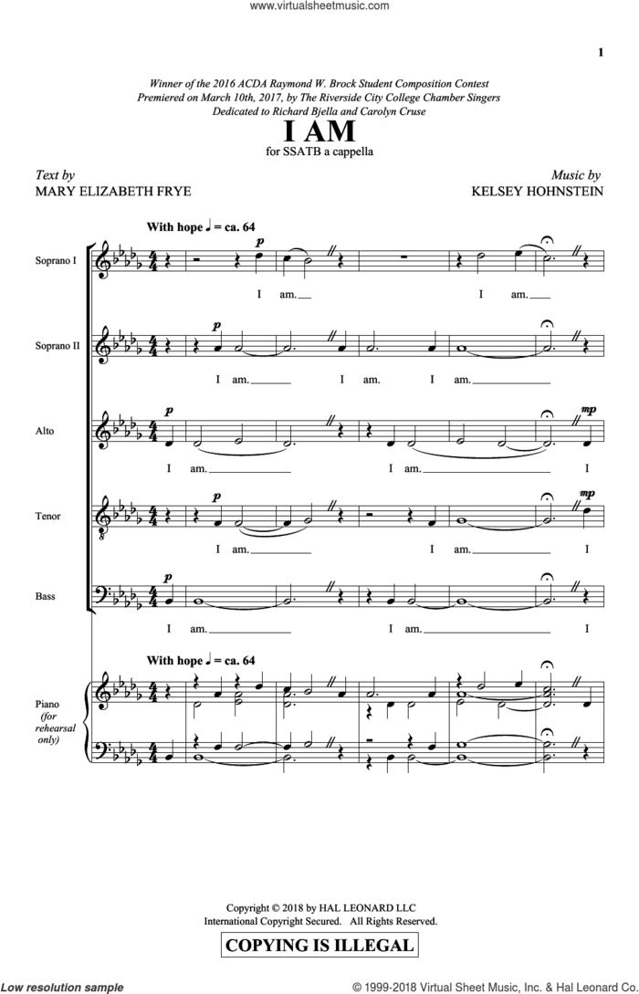 I Am sheet music for choir (SATB: soprano, alto, tenor, bass) by Kelsey Hohnstein and Mary Elizabeth Frye, intermediate skill level