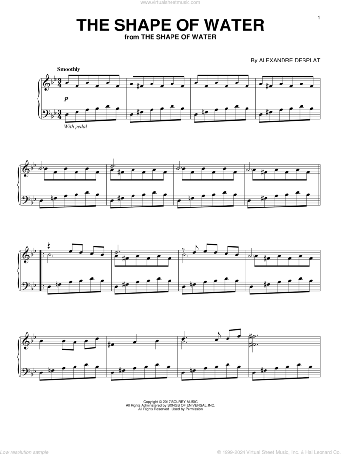 The Shape Of Water sheet music for piano solo by Alexandre Desplat, intermediate skill level