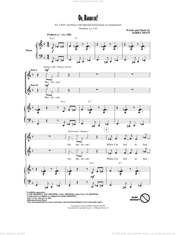 Oo, Barbecue! sheet music for choir (2-Part) by Kirby Shaw, intermediate duet