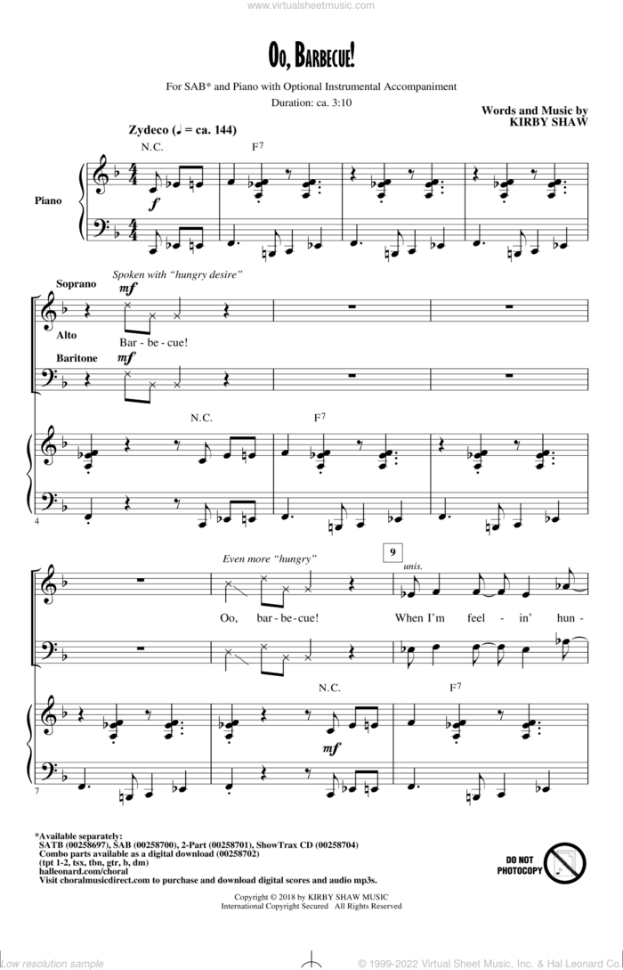 Oo, Barbecue! sheet music for choir (SAB: soprano, alto, bass) by Kirby Shaw, intermediate skill level