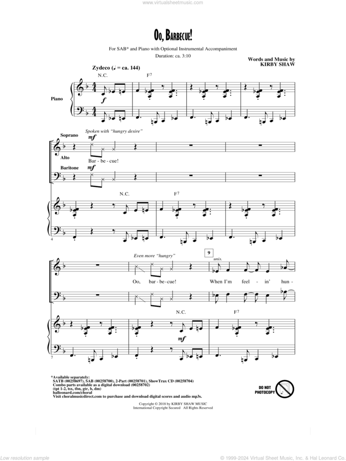 Oo, Barbecue! sheet music for choir (SAB: soprano, alto, bass) by Kirby Shaw, intermediate skill level