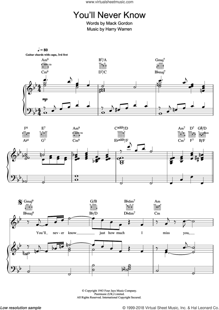 You'll Never Know (from The Shape of Water) sheet music for voice, piano or guitar by Harry Warren and Renee Fleming, intermediate skill level
