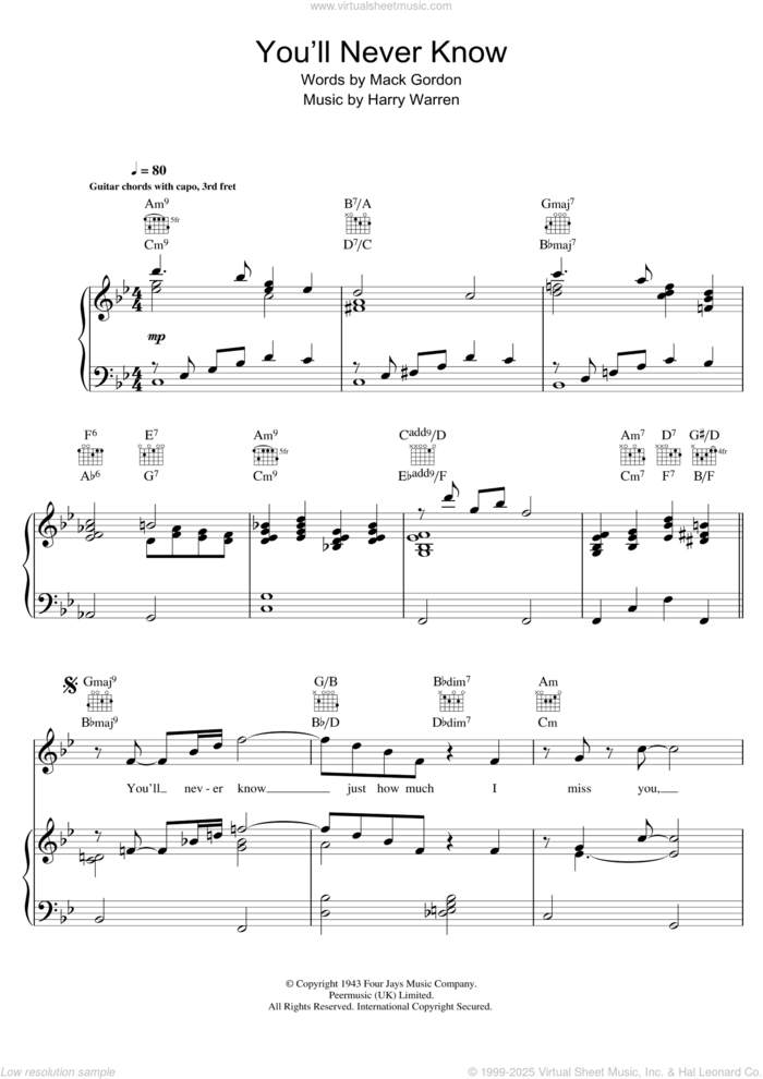 You'll Never Know (from The Shape of Water) sheet music for voice, piano or guitar by Harry Warren and Renee Fleming, intermediate skill level