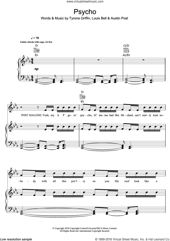 Psycho (featuring Ty Dolla $ign) sheet music for voice, piano or guitar by Post Malone, Ty Dolla $ign, Austin Post, Louis Bell and Tyrone Griffin, intermediate skill level