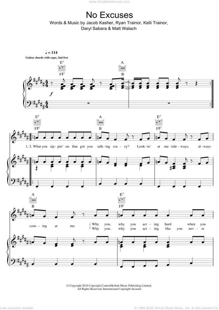 No Excuses sheet music for voice, piano or guitar by Meghan Trainor, Daryl Sabara, Jacob Kasher, Kelli Trainor, Matt Walach and Ryan Trainor, intermediate skill level