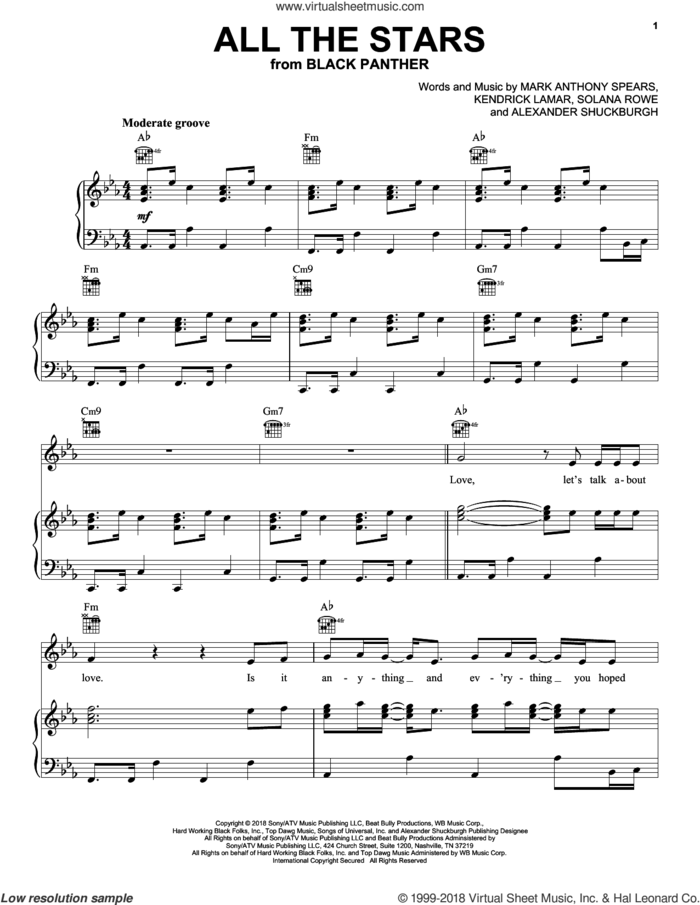 All The Stars sheet music for voice, piano or guitar by Kendrick Lamar and SZA, Al Shuckburgh, Kendrick Lamar, Mark Anthony Spears and Solana Rowe, intermediate skill level