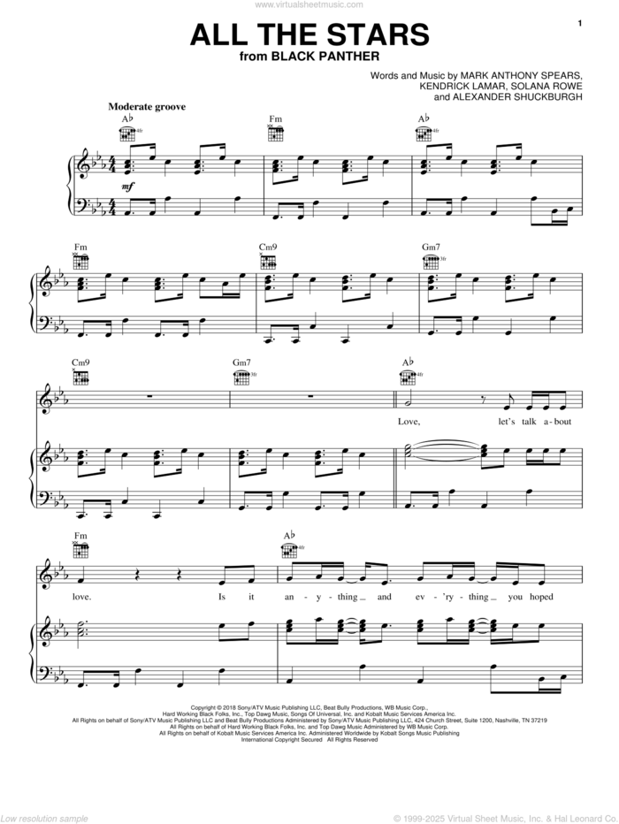 All The Stars sheet music for voice, piano or guitar by Kendrick Lamar and SZA, Al Shuckburgh, Kendrick Lamar, Mark Anthony Spears and Solana Rowe, intermediate skill level