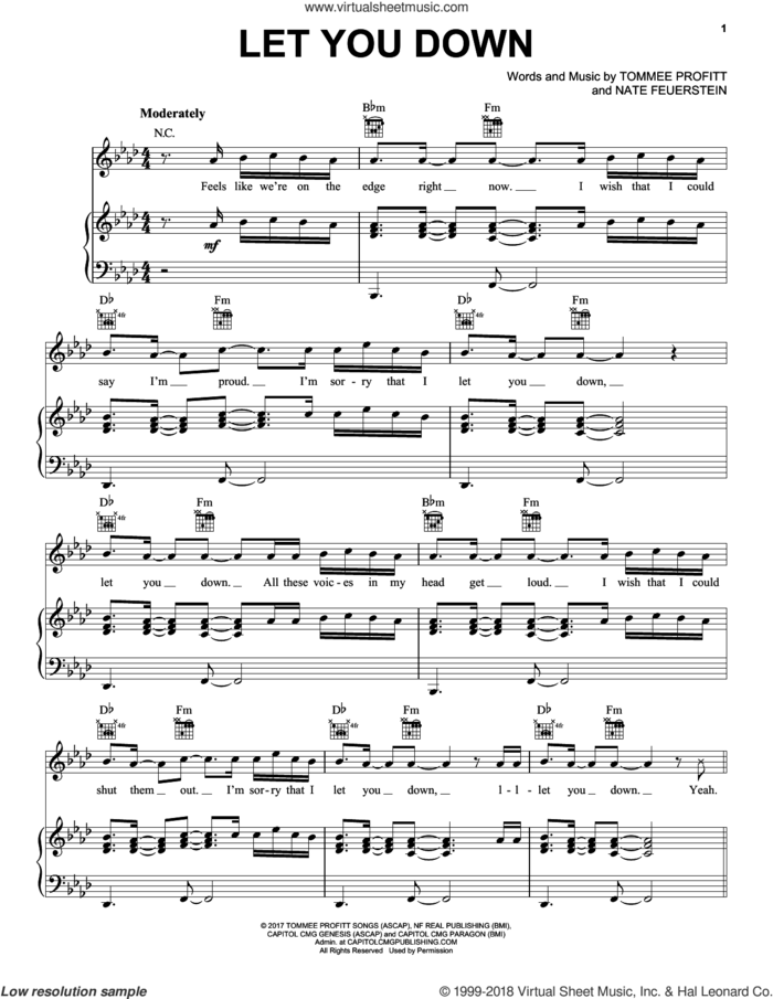 Let You Down sheet music for voice, piano or guitar by NF, Nate Feuerstein and Tommee Profitt, intermediate skill level