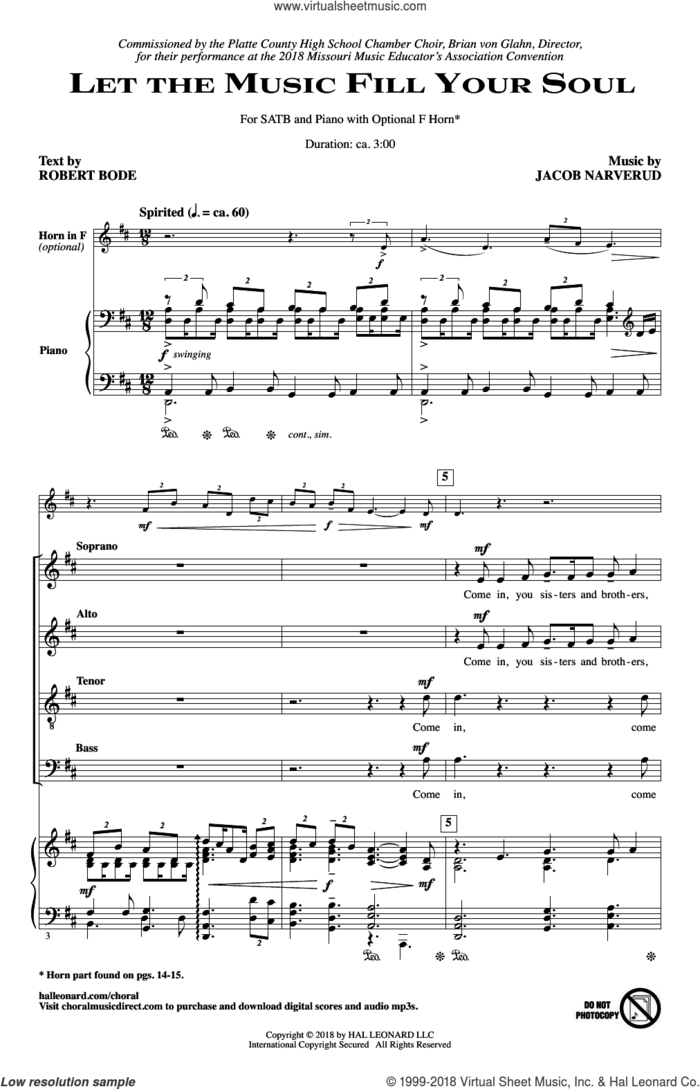 Let The Music Fill Your Soul sheet music for choir (SATB: soprano, alto, tenor, bass) by Jacob Narverud and Robert Bode, intermediate skill level
