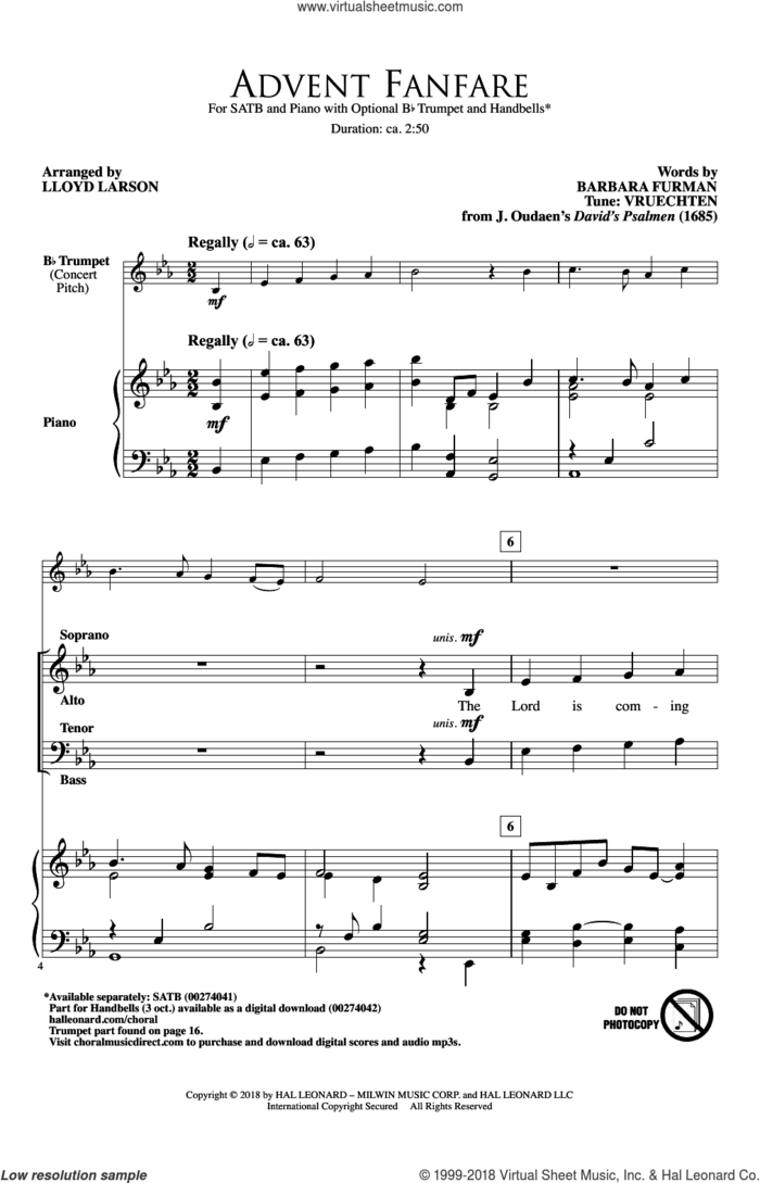 Advent Fanfare sheet music for choir by Lloyd Larson and Barbara Furman, intermediate skill level