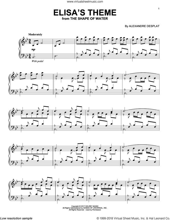 Elisa's Theme sheet music for piano solo by Alexandre Desplat, intermediate skill level