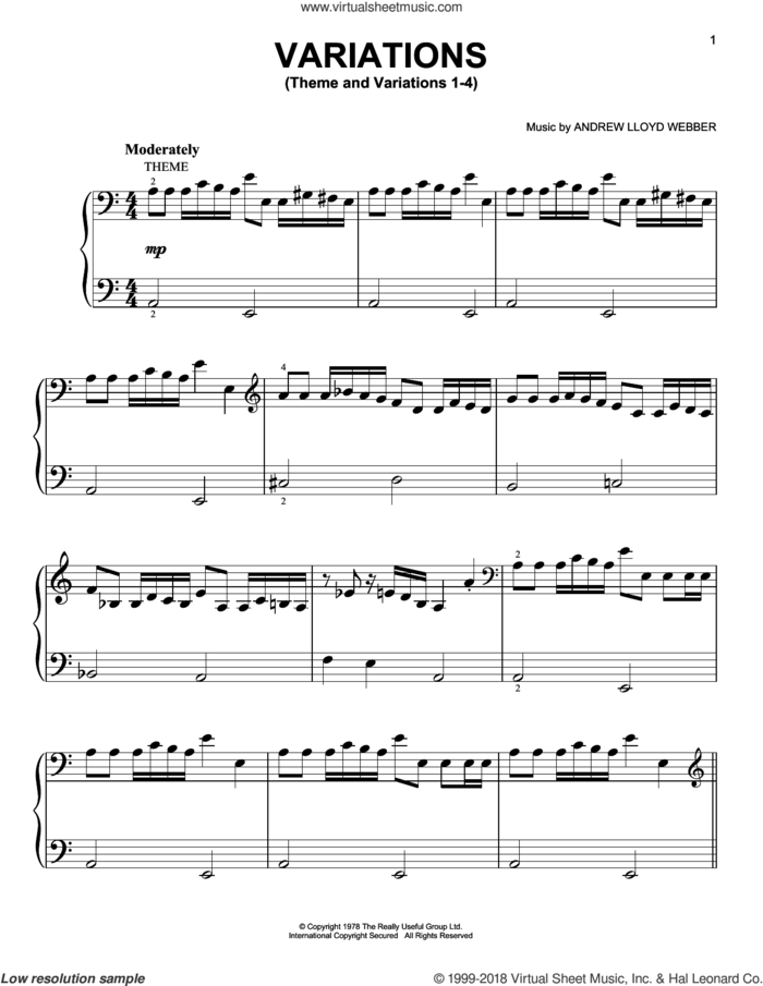 Theme And Variations 1-4 sheet music for piano solo by Andrew Lloyd Webber, easy skill level