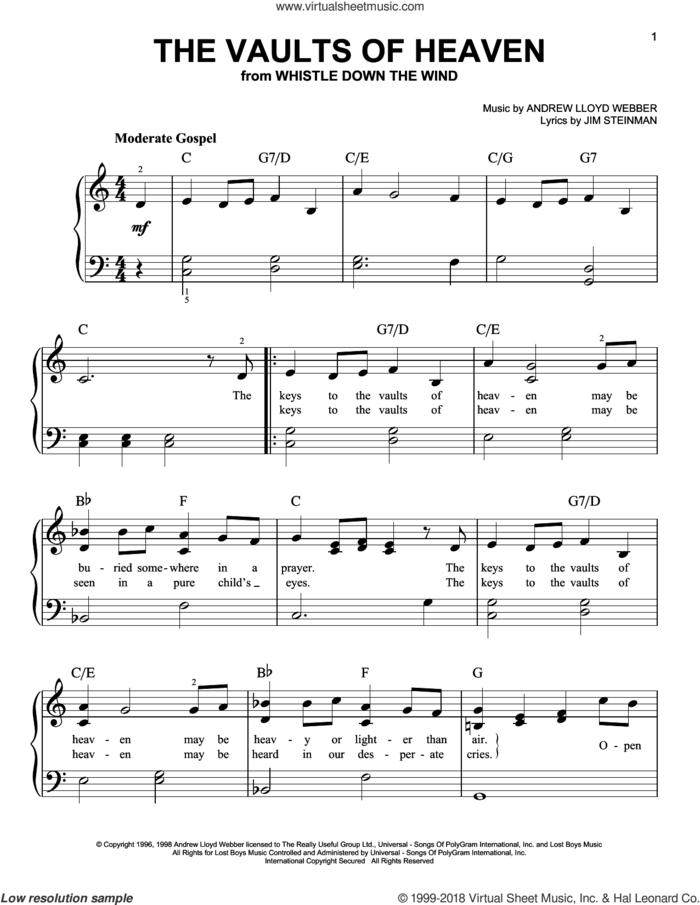 The Vaults Of Heaven sheet music for piano solo by Andrew Lloyd Webber and Jim Steinman, easy skill level