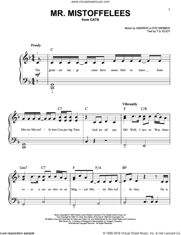 Mr. Mistoffelees (from Cats), (easy) sheet music for piano solo by Andrew Lloyd Webber and T.S. Eliot, easy skill level