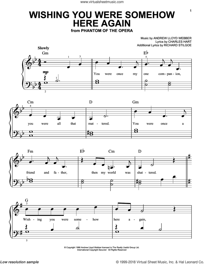 Wishing You Were Somehow Here Again (from The Phantom Of The Opera), (easy) sheet music for piano solo by Andrew Lloyd Webber, Charles Hart and Richard Stilgoe, easy skill level