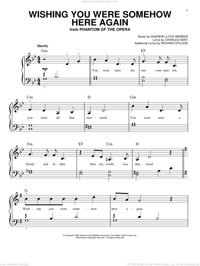 Wishing You Were Somehow Here Again (from The Phantom Of The Opera), (easy) sheet music for piano solo by Andrew Lloyd Webber, Charles Hart and Richard Stilgoe, easy skill level