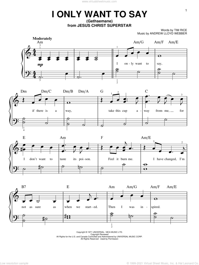I Only Want To Say (Gethsemane) sheet music for piano solo by Andrew Lloyd Webber and Tim Rice, easy skill level