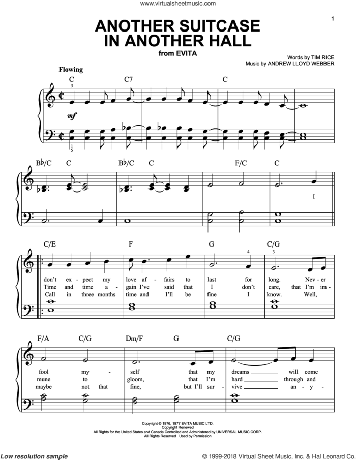 Another Suitcase In Another Hall (from Evita), (easy) sheet music for piano solo by Andrew Lloyd Webber and Tim Rice, easy skill level