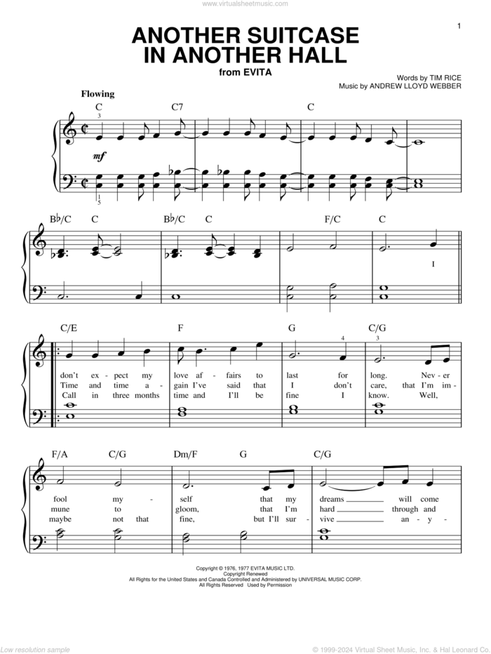 Another Suitcase In Another Hall (from Evita), (easy) sheet music for piano solo by Andrew Lloyd Webber and Tim Rice, easy skill level