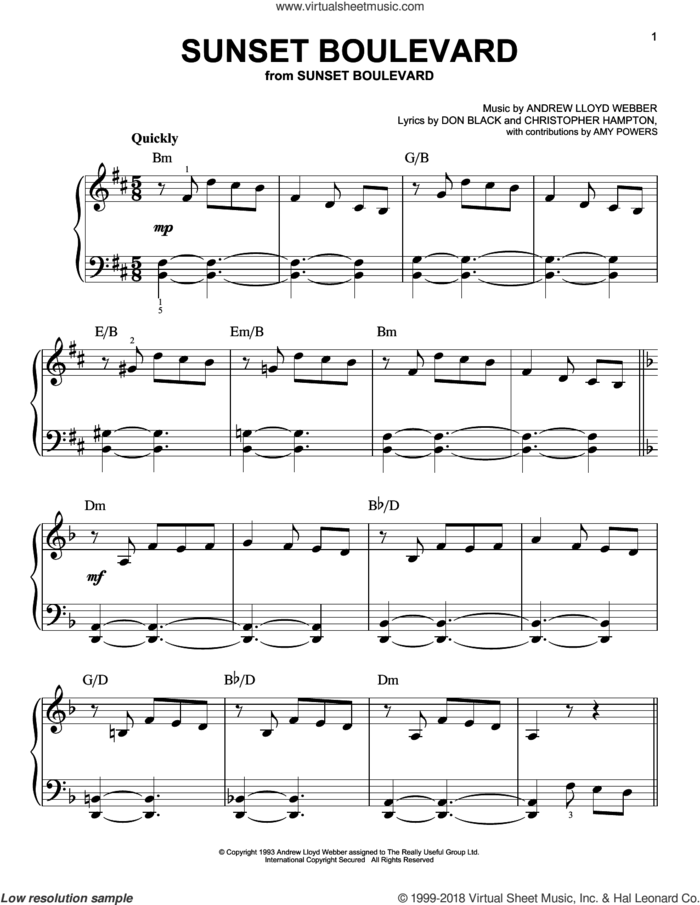 Sunset Boulevard sheet music for piano solo by Andrew Lloyd Webber, Christopher Hampton and Don Black, easy skill level